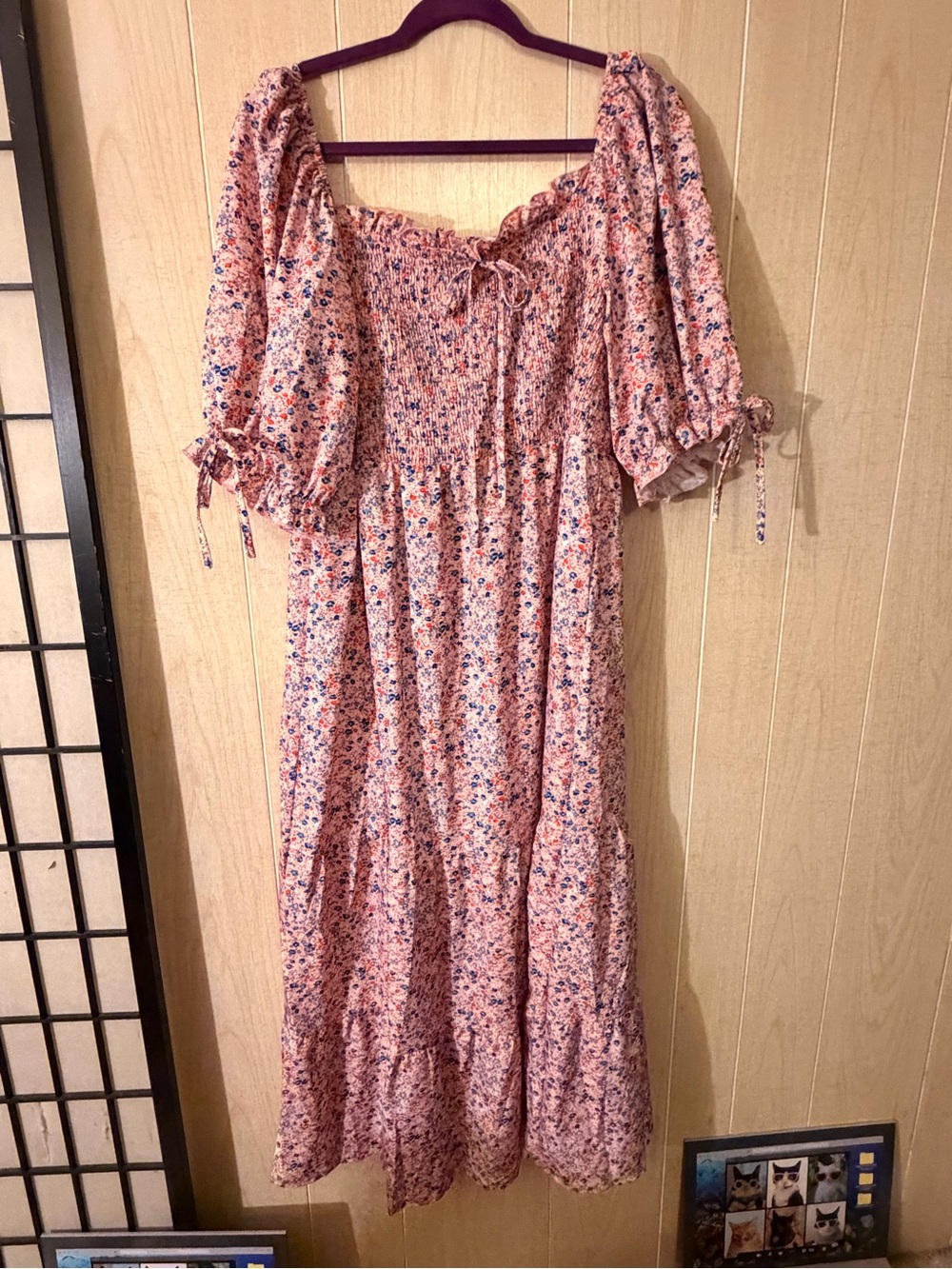 Peach Floral Smocked Maxi Dress with Puff Sleeves - Picture 2 of 5
